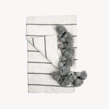 Load image into Gallery viewer, Classic Light Grey Monochrome Striped Moroccan Pom Pom Blanket