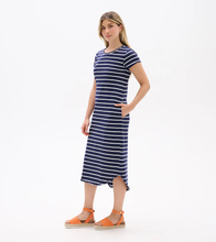 Load image into Gallery viewer, Midi Tee Shirt Dress - Navy and White Stripes
