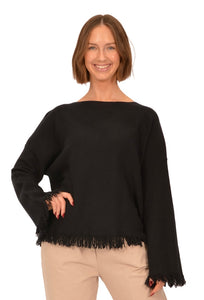 Frayed Edge Sweater-Black and Beige