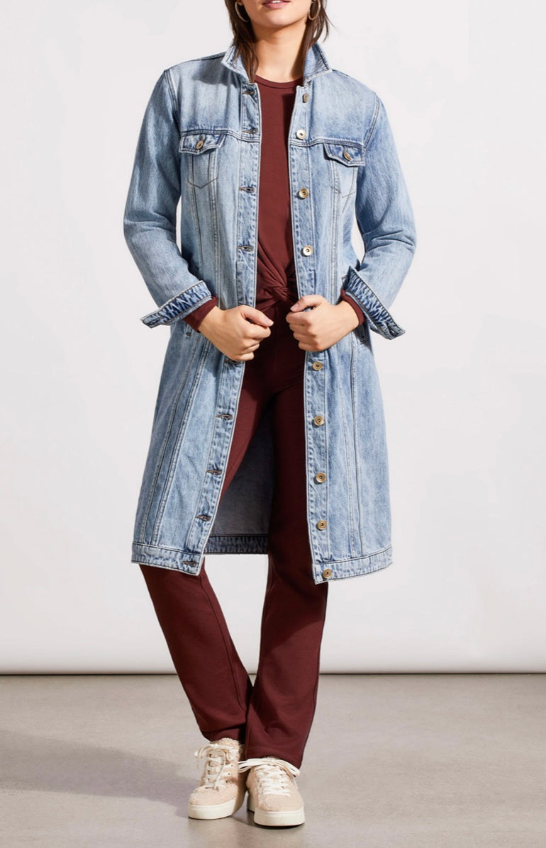 COTTON DENIM DUSTER WITH POCKETS-WASHEDBLUE