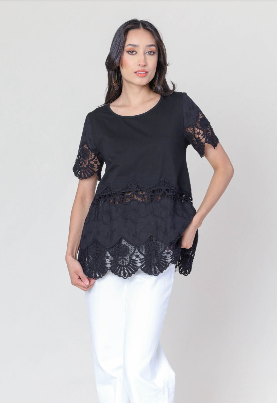 Short Sleeve Black Lace Top
