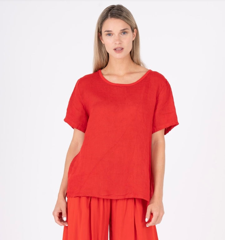 Red Short Sleeve Linen  T Shirt