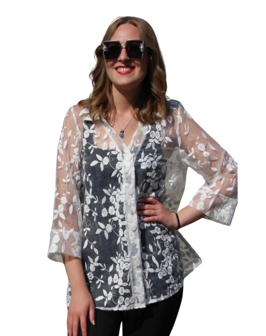 Woven Embroidery Sheer Top- 3/4 Sleeve