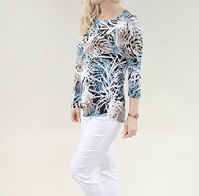 Load image into Gallery viewer, 3/4 Sleeve Top-Side Slit in Navy &amp; Sand Foliage Print
