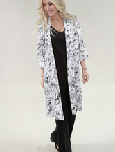 Load image into Gallery viewer, 3/4 Sleeve Cardigan in Ivory &amp; Black Linen Botanical Print
