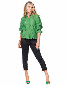 Kelly Green Eyelet Button Front Blouse