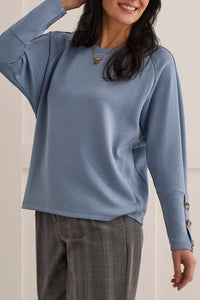 Long Sleeve Crew Neck Top with Buttons- Bluestone