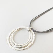 Load image into Gallery viewer, Silver &amp; Grey Necklace on Cords with Triple Hammered Rings Pendant #028
