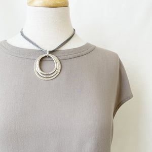 Silver & Grey Necklace on Cords with Triple Hammered Rings Pendant #028