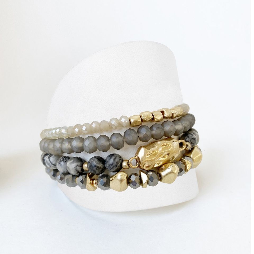 Grey & Gold Set of 4 Bracelets with Glass & Metal Beads #010