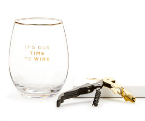 It's Our Time to Wine Stemless Wine Glass & Corkscrew Set