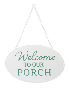 Embossed Sage & White Enamel "Welcome to Our Porch" Wall Sign