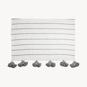 Classic Light Grey Monochrome Striped Moroccan Pom Pom Blanket