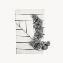 Load image into Gallery viewer, Classic Light Grey Monochrome Striped Moroccan Pom Pom Blanket
